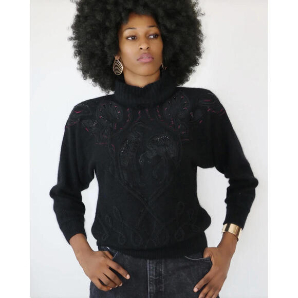 Sweaters - 80s Vintage Silk Lambswool Angora Turtle Neck Knitted Sweater Crane Womens Sz S